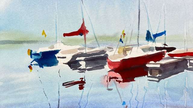 Watercolor sketch of boats and reflections