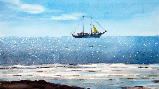 Watercolor seascape painting a sailboat in the sea