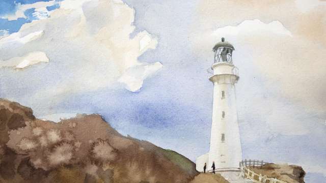 Watercolor Painting a lighthouse with clouds