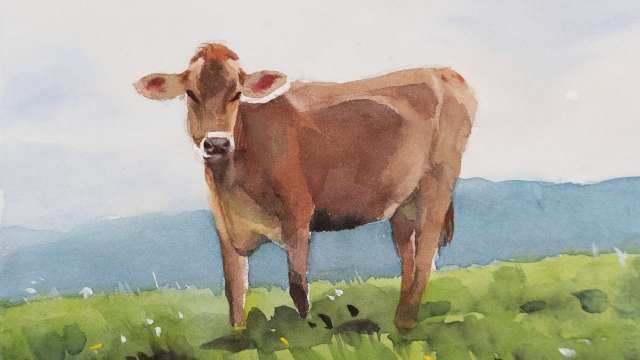 Watercolor painting a cow with distance mountain